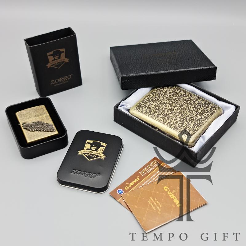 جعبه و پکیج ست فندک بنزینی زورو مدل بال طلایی و جاسیگاری گوپای