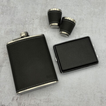 ست هیپ فلاسک و جاسیگاری چرم مشکی